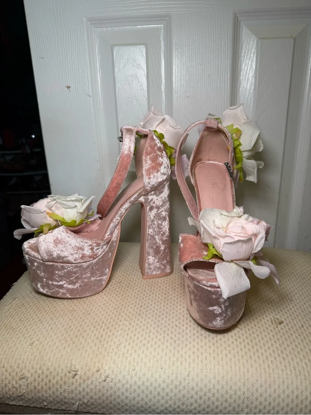 SUGAR THRILLZ Pink Velvet Floral Platform Heels with Ankle Strap